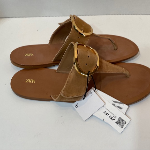 ZARA NEW WOMAN BUCKLED LEATHER FLAT THONG SANDALS EARTH BROWN 10/41 2605/010 - Picture 5 of 10